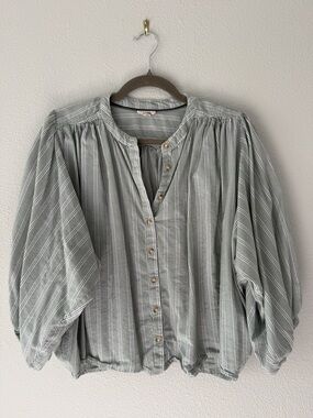 Pilcro Anthropologie Sage Green Striped Lantern Sleeve Button Down Blouse - M